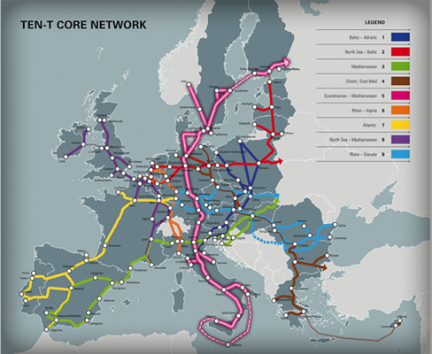 Figure 1. The Trans-European Network for Transport (TEN-T) aims to connect all European member nations from West to East and and North to South. 